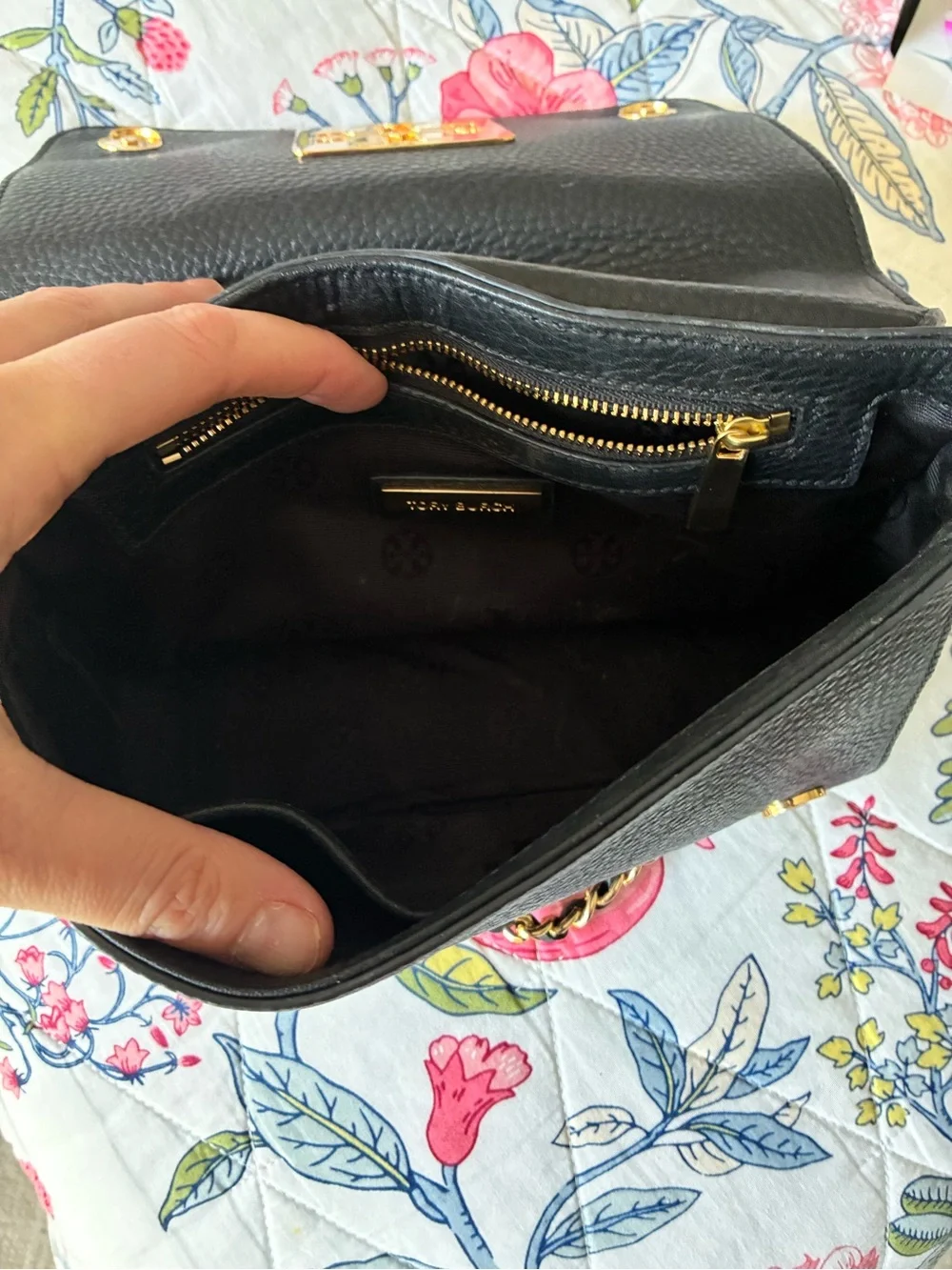 Tory Burch Black Pebbled Leather Crossbody with Gold-Tone Chain